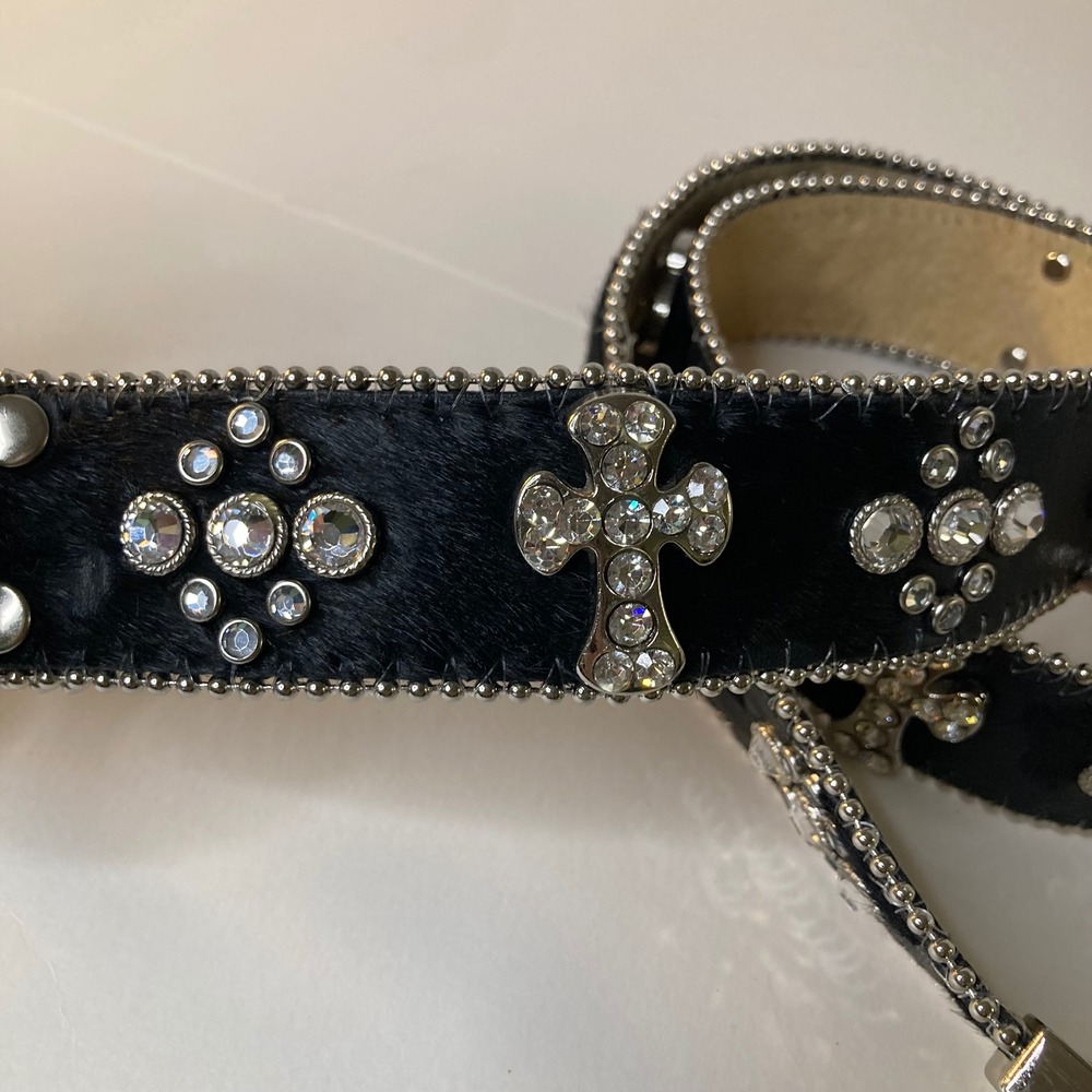 Vintage 1849 Authentic Ranchwear Rhinestone Cross Calfhair Belt 34-L Black 1.5"W - Picture 3 of 12